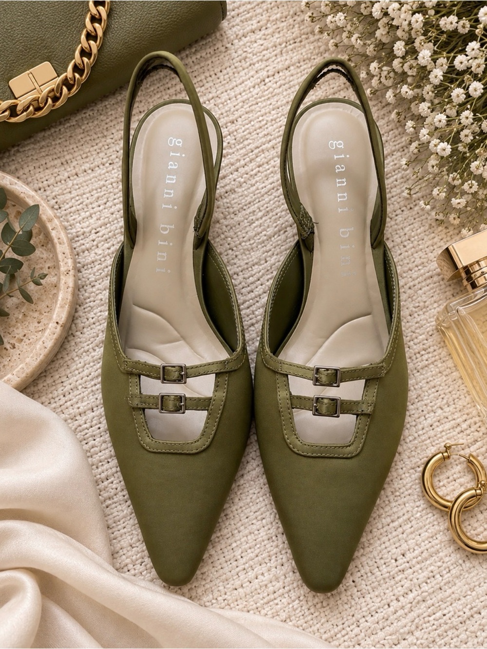 Olive Green Satin Pointed-Toe Slingback Pumps